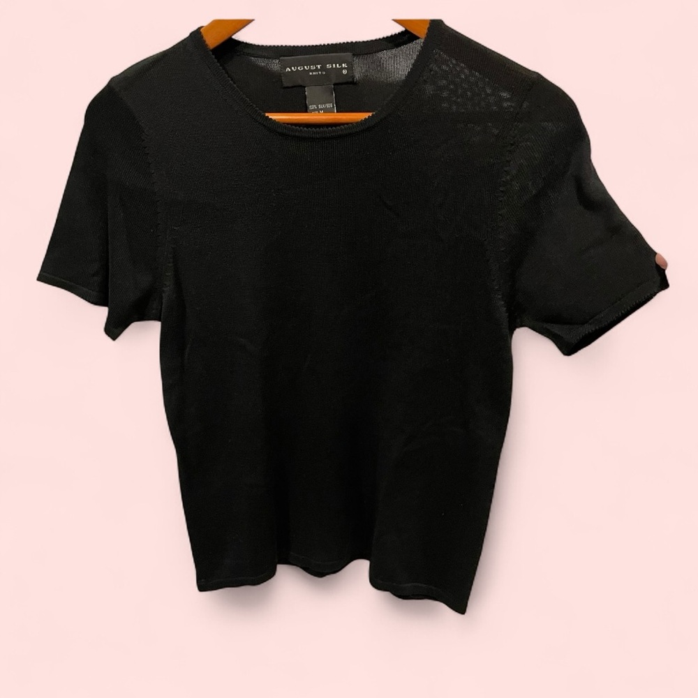 Cute vintage 90’s Black silk short sleeve sweater baby scalloped collar sleeves